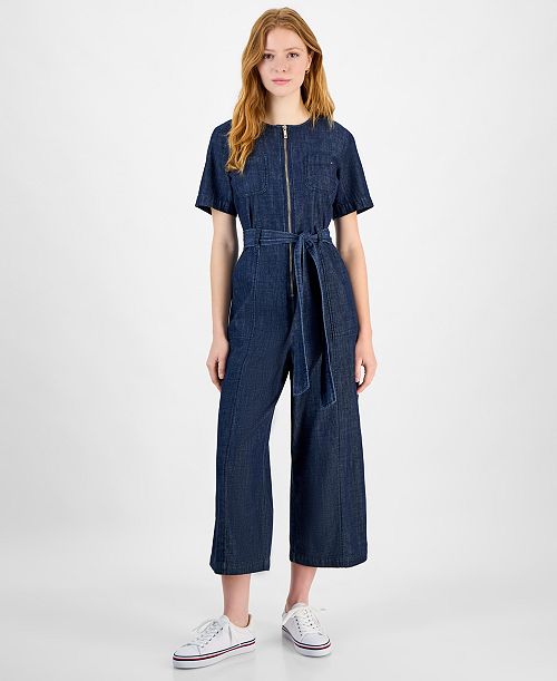 alfani Tommy Hilfiger Women's Denim Zip-Front Belted Jumpsuit Women's Fashion Shoes & Accessories