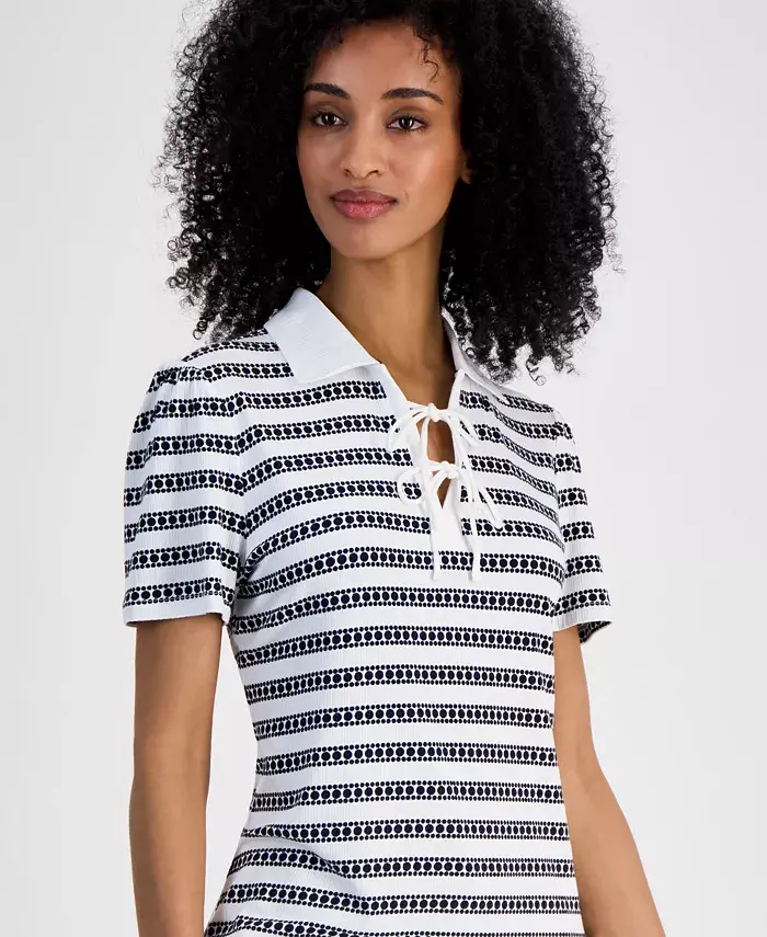 Alfani Tommy Hilfiger Women's Dot-Stripe Polo Shirt Women's Fashion Shoes & Accessories