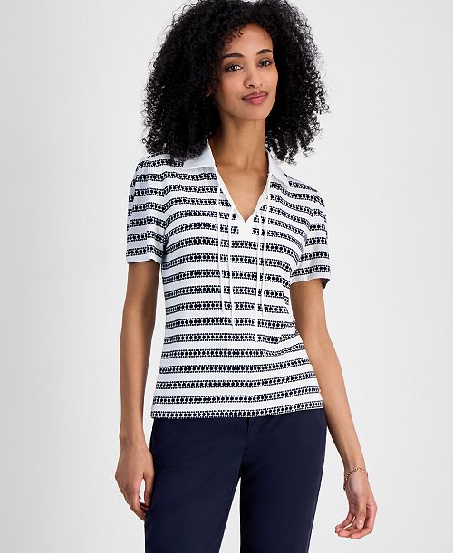 alfani Tommy Hilfiger Women's Dot-Stripe Polo Shirt Women's Fashion Shoes & Accessories
