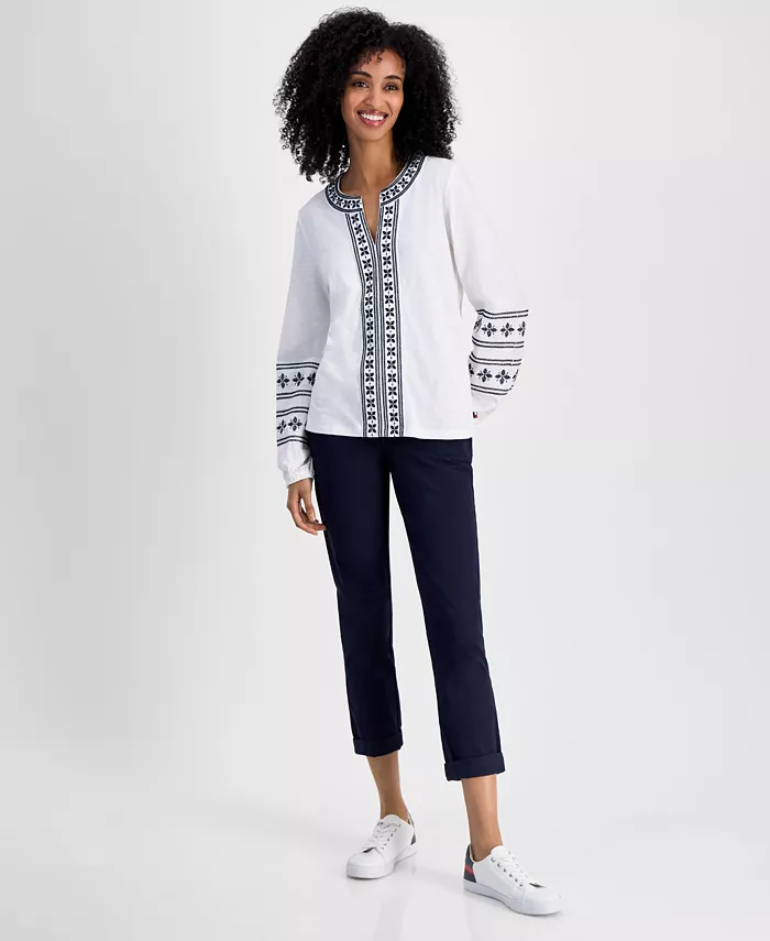 Alfani Tommy Hilfiger Women's Embroidered Cotton Top Women's Fashion Shoes & Accessories