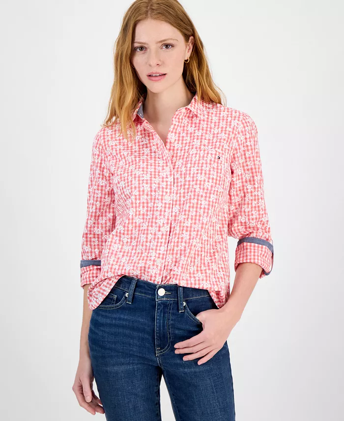 Alfani Tommy Hilfiger Women's Floral Gingham Cotton Shirt Women's Fashion Shoes & Accessories