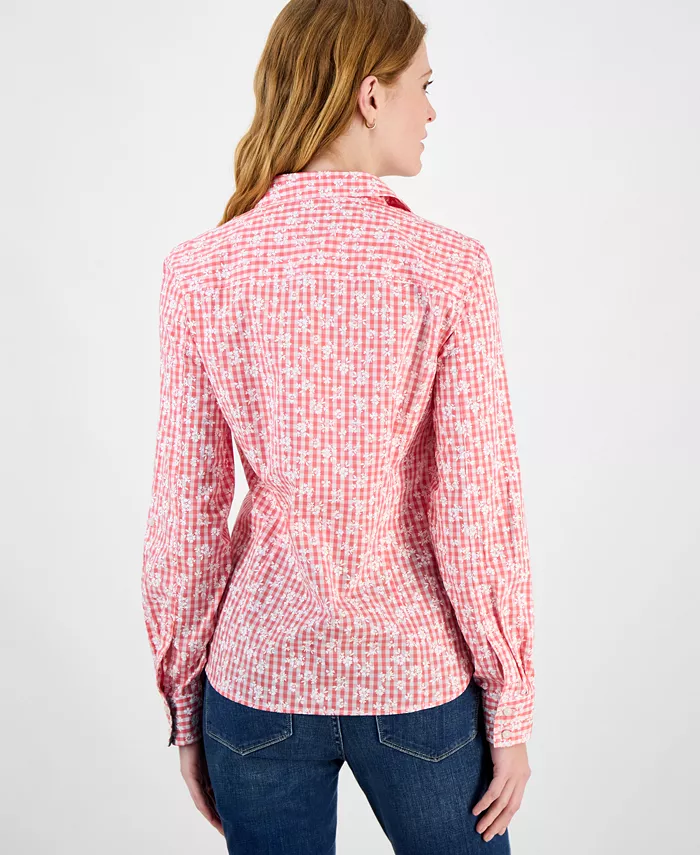 Alfani Tommy Hilfiger Women's Floral Gingham Cotton Shirt Women's Fashion Shoes & Accessories