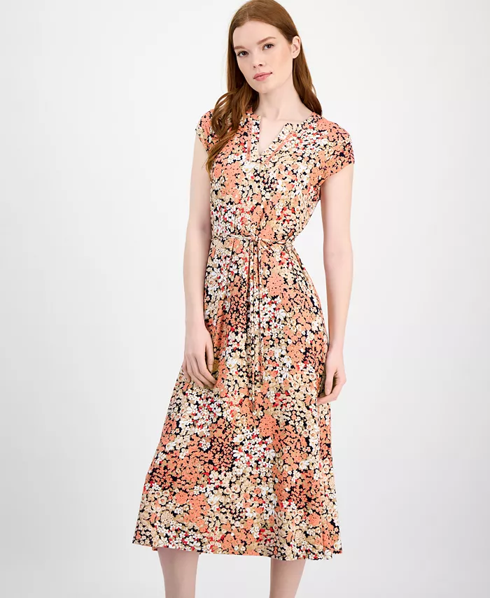 Alfani Tommy Hilfiger Women's Floral-Print Ladder-Trim Midi Dress Women's Fashion Shoes & Accessories