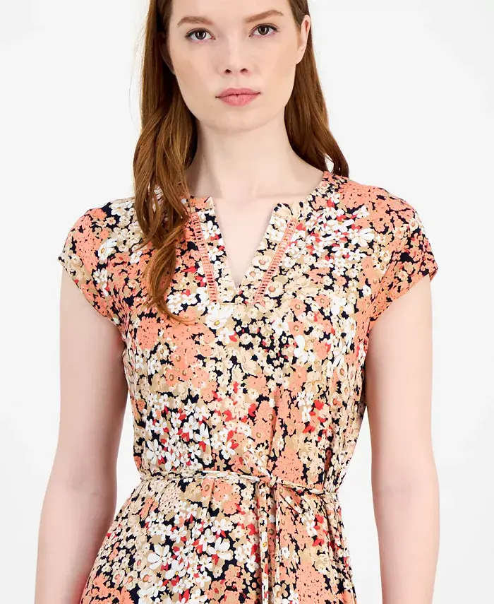 Alfani Tommy Hilfiger Women's Floral-Print Ladder-Trim Midi Dress Women's Fashion Shoes & Accessories