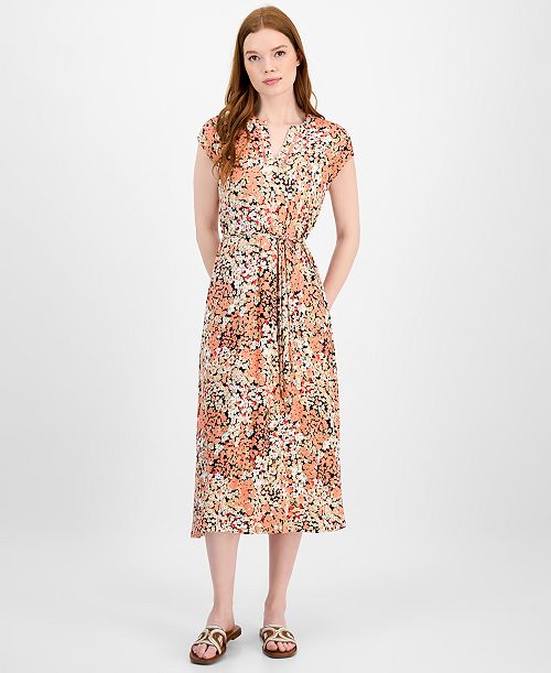 alfani Tommy Hilfiger Women's Floral-Print Ladder-Trim Midi Dress Women's Fashion Shoes & Accessories