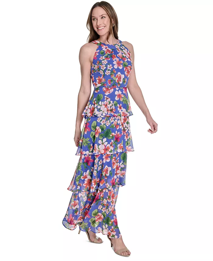Alfani Tommy Hilfiger Women's Floral-Print Tiered Halterneck Maxi Dress Women's Fashion Shoes & Accessories