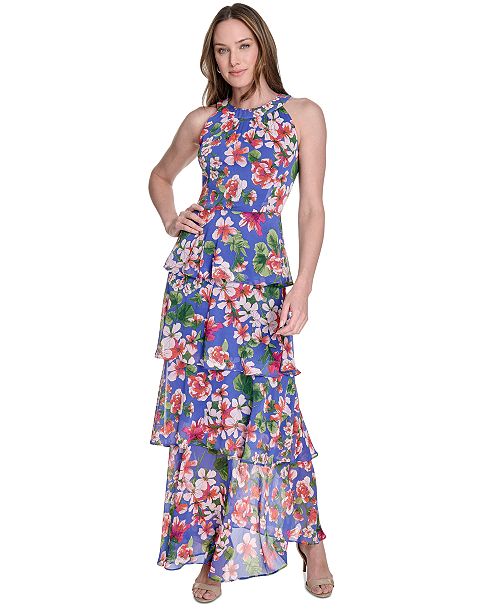 alfani Tommy Hilfiger Women's Floral-Print Tiered Halterneck Maxi Dress Women's Fashion Shoes & Accessories