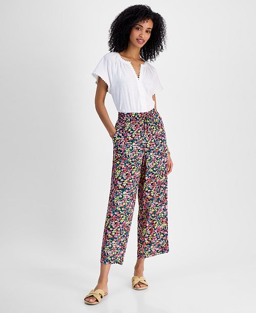 alfani Tommy Hilfiger Women's Floral-Print Wide-Leg Pull-On Pants Women's Fashion Shoes & Accessories