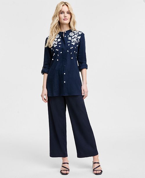 alfani Tommy Hilfiger Women's Floral Puff-Print Tunic & Wide-Leg Pants Women's Fashion Shoes & Accessories