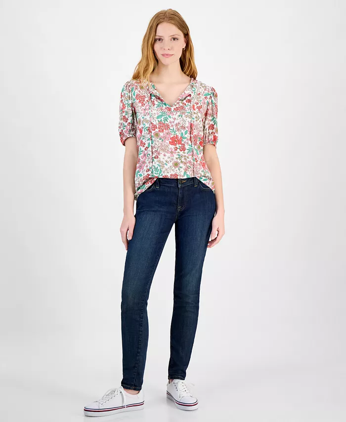 Alfani Tommy Hilfiger Women's Floral Tie-Neck Puff-Sleeve Top Women's Fashion Shoes & Accessories