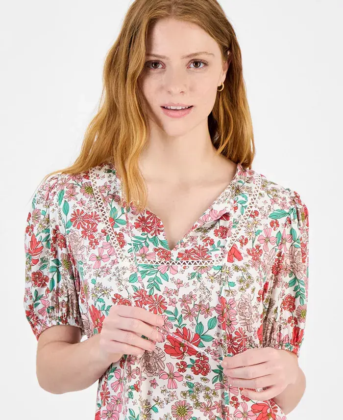Alfani Tommy Hilfiger Women's Floral Tie-Neck Puff-Sleeve Top Women's Fashion Shoes & Accessories