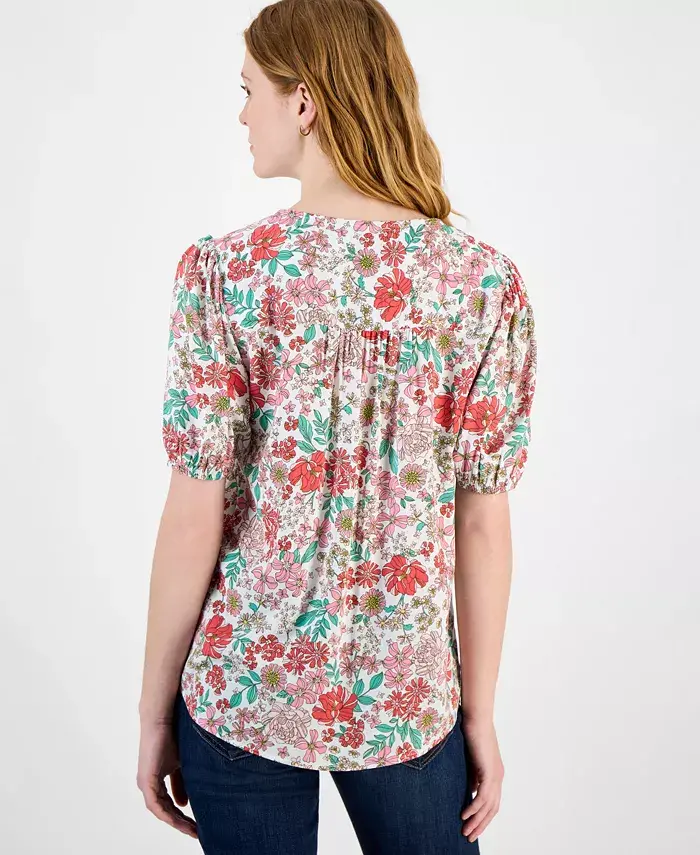 Alfani Tommy Hilfiger Women's Floral Tie-Neck Puff-Sleeve Top Women's Fashion Shoes & Accessories