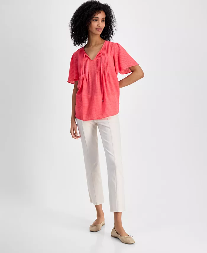 Alfani Tommy Hilfiger Women's Gingham Pintucked Top Women's Fashion Shoes & Accessories