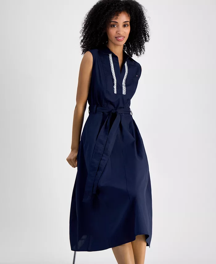 Alfani Tommy Hilfiger Women's Lace-Detail Cotton Shirt Dress Women's Fashion Shoes & Accessories