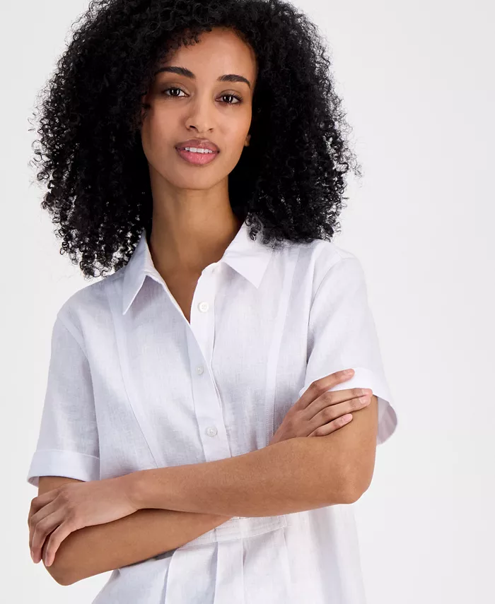 Alfani Tommy Hilfiger Women's Linen-Blend Short-Sleeve Shirt Women's Fashion Shoes & Accessories