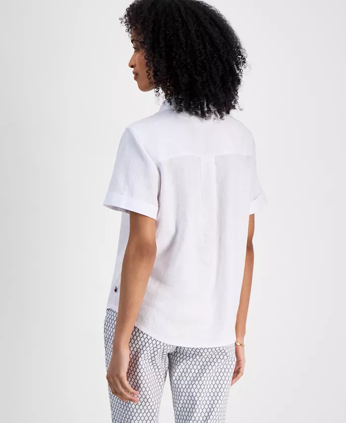 Alfani Tommy Hilfiger Women's Linen-Blend Short-Sleeve Shirt Women's Fashion Shoes & Accessories