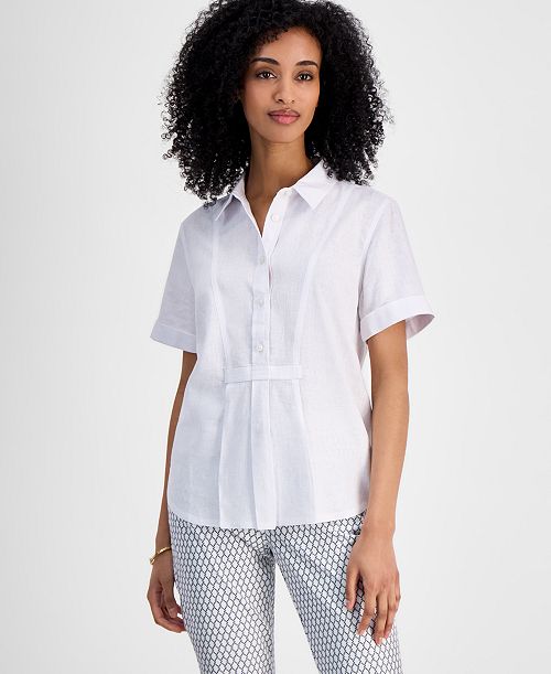 alfani Tommy Hilfiger Women's Linen-Blend Short-Sleeve Shirt Women's Fashion Shoes & Accessories