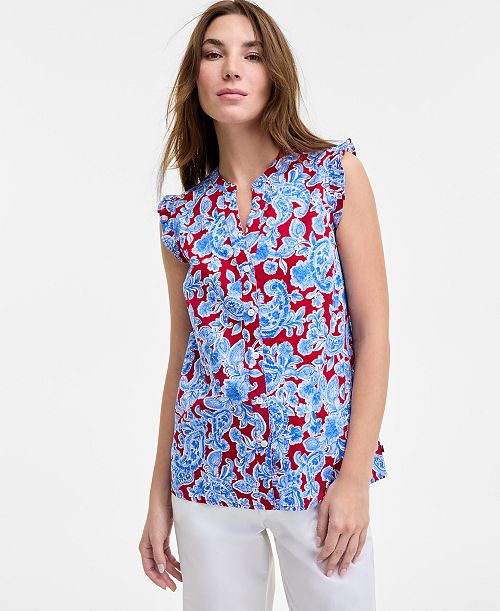 alfani Tommy Hilfiger Women's Olympia Paisley Ruffled Blouse Women's Fashion Shoes & Accessories