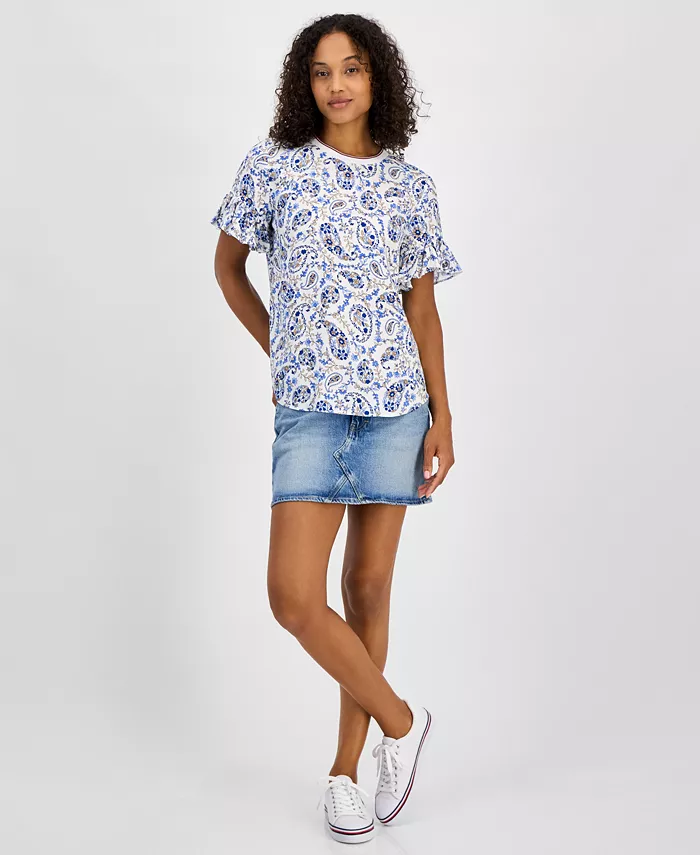 Alfani Tommy Hilfiger Women's Paisley-Print Ruffle-Sleeve Top Women's Fashion Shoes & Accessories