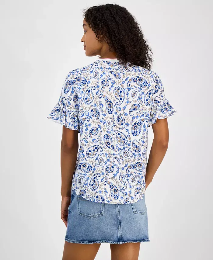 Alfani Tommy Hilfiger Women's Paisley-Print Ruffle-Sleeve Top Women's Fashion Shoes & Accessories