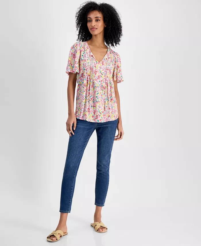 Tommy Hilfiger Women's Pintucked Floral-Print Top Women's Fashion Shoes & Accessories