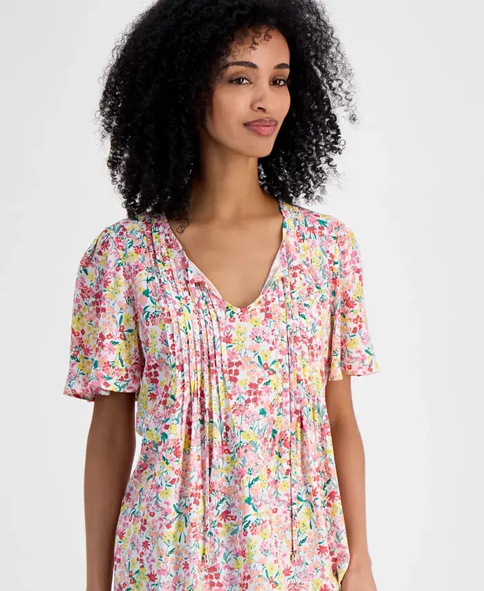 Tommy Hilfiger Women's Pintucked Floral-Print Top Women's Fashion Shoes & Accessories