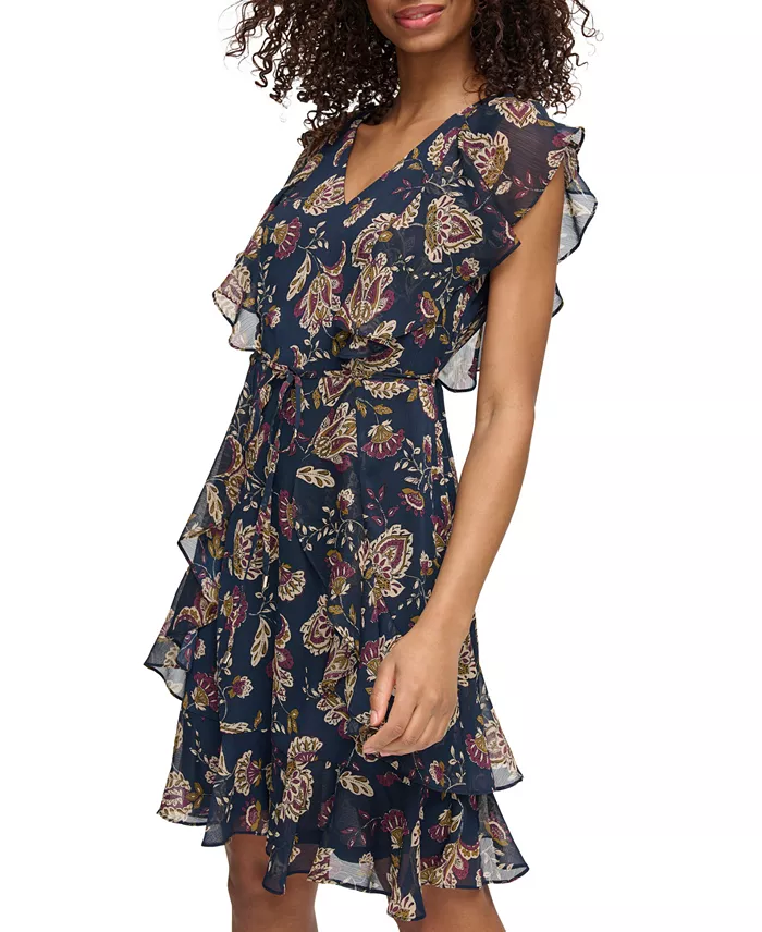 Alfani Tommy Hilfiger Women's Printed Flutter-Sleeve Ruffle Dress Women's Fashion Shoes & Accessories