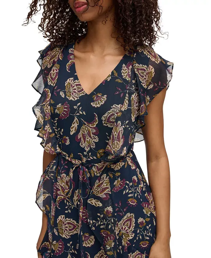 Alfani Tommy Hilfiger Women's Printed Flutter-Sleeve Ruffle Dress Women's Fashion Shoes & Accessories
