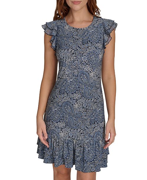 alfani Tommy Hilfiger Women's Printed Flutter-Sleeve Shift Dress Women's Fashion Shoes & Accessories