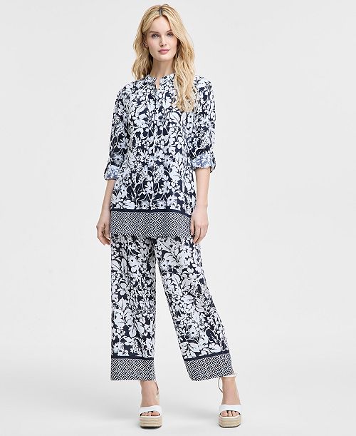 alfani Tommy Hilfiger Women's Printed Long-Sleeve Tunic & Wide-Leg Pants Women's Fashion Shoes & Accessories