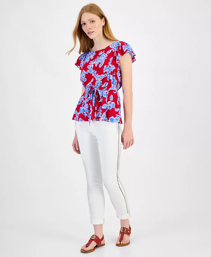 Alfani Tommy Hilfiger Women's Printed Ruffled-Sleeve Peplum Top Women's Fashion Shoes & Accessories