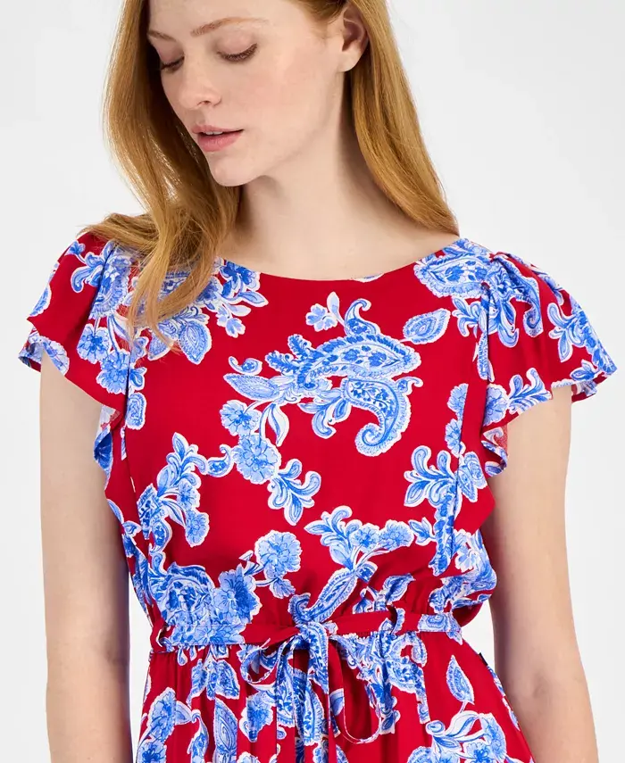Alfani Tommy Hilfiger Women's Printed Ruffled-Sleeve Peplum Top Women's Fashion Shoes & Accessories