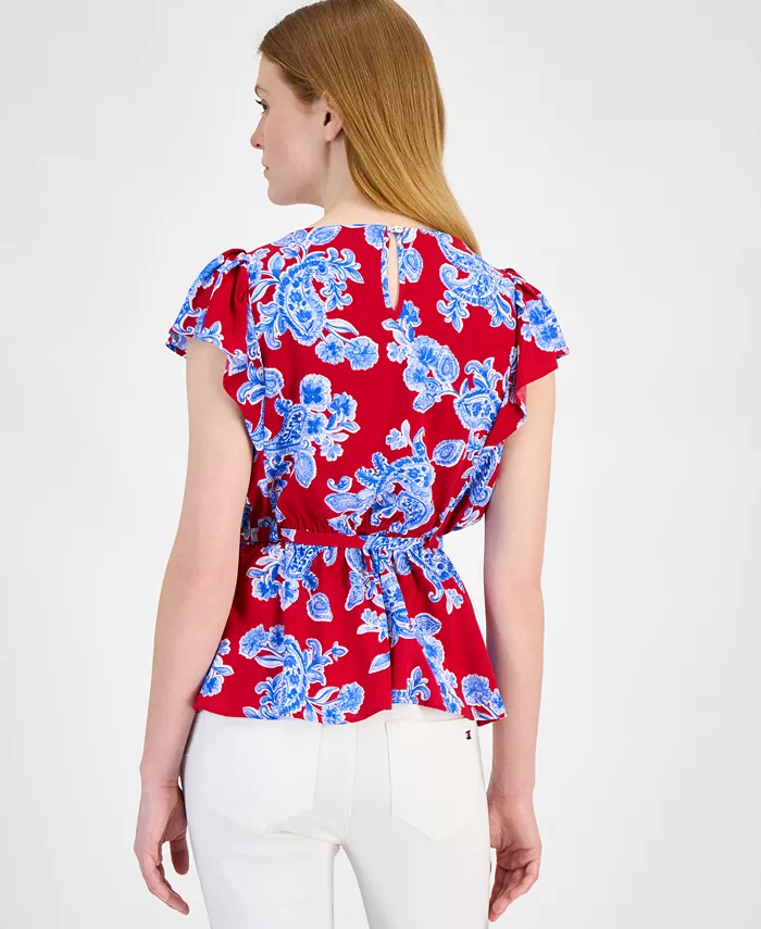Alfani Tommy Hilfiger Women's Printed Ruffled-Sleeve Peplum Top Women's Fashion Shoes & Accessories