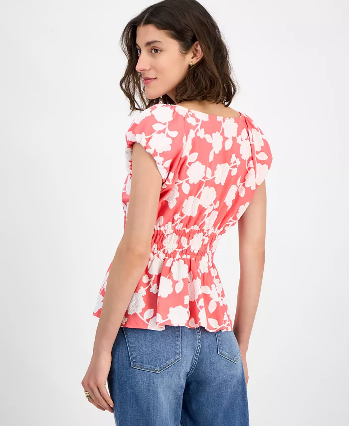 Alfani Tommy Hilfiger Women's Riviera Floral Bubble-Sleeve Peplum Top Women's Fashion Shoes & Accessories