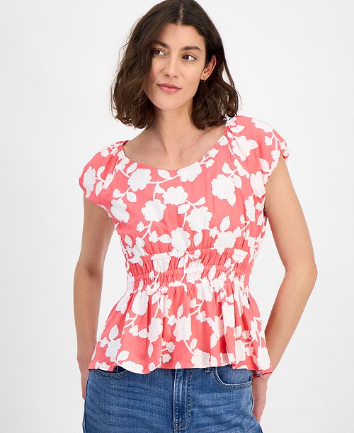 alfani Tommy Hilfiger Women's Riviera Floral Bubble-Sleeve Peplum Top Women's Fashion Shoes & Accessories