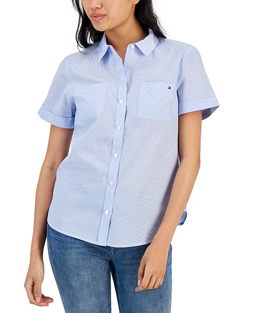 alfani Tommy Hilfiger Women's Striped Cotton Camp Shirt Women's Fashion Shoes & Accessories