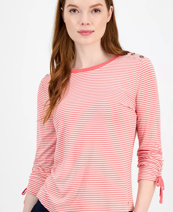 Alfani Tommy Hilfiger Women's Striped Ruched-Sleeve Top Women's Fashion Shoes & Accessories