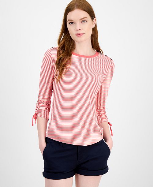 alfani Tommy Hilfiger Women's Striped Ruched-Sleeve Top Women's Fashion Shoes & Accessories