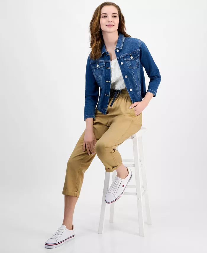 Alfani Tommy Hilfiger Women's TH Flex Denim Jacket Cable-Knit Tank Top & Utility Pants Women's Fashion Shoes & Accessories
