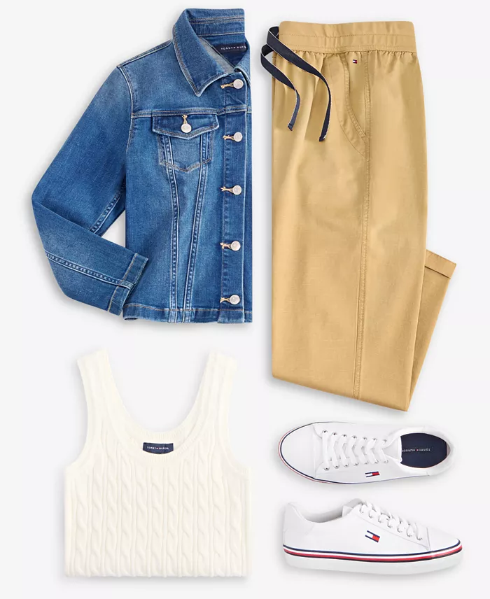 Alfani Tommy Hilfiger Women's TH Flex Denim Jacket Cable-Knit Tank Top & Utility Pants Women's Fashion Shoes & Accessories