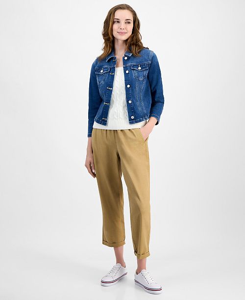 alfani Tommy Hilfiger Women's TH Flex Denim Jacket Cable-Knit Tank Top & Utility Pants Women's Fashion Shoes & Accessories