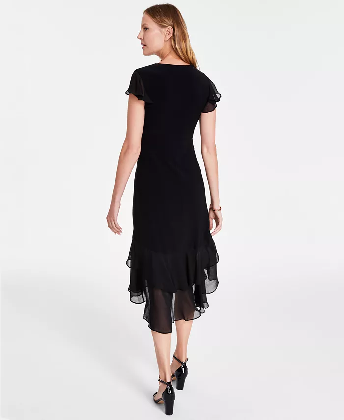 Alfani Tommy Hilfiger Women's V-Neck Chiffon-Trim Midi Dress With Flutter Sleeves Women's Fashion Shoes & Accessories