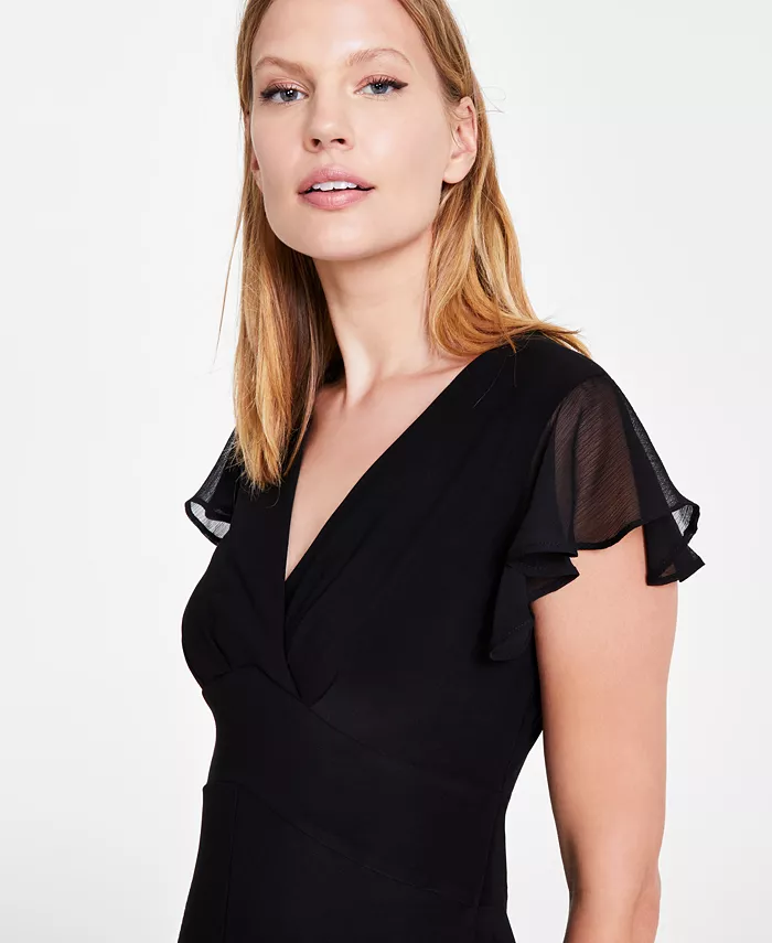 Alfani Tommy Hilfiger Women's V-Neck Chiffon-Trim Midi Dress With Flutter Sleeves Women's Fashion Shoes & Accessories