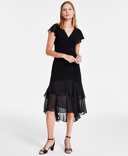 alfani Tommy Hilfiger Women's V-Neck Chiffon-Trim Midi Dress with Flutter Sleeves Women's Fashion Shoes & Accessories