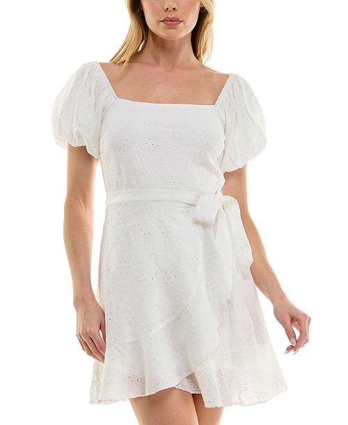 alfani Trixxi Juniors' Eyelet Embroidered Puff-Sleeve Fit & Flare Dress Juniors'