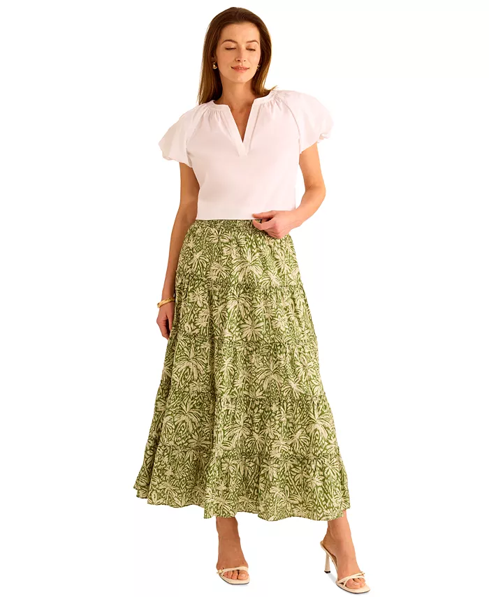 Alfani Vince Camuto Women's Cotton Tiered Smocked-Waist Maxi Skirt Women's Fashion Shoes & Accessories