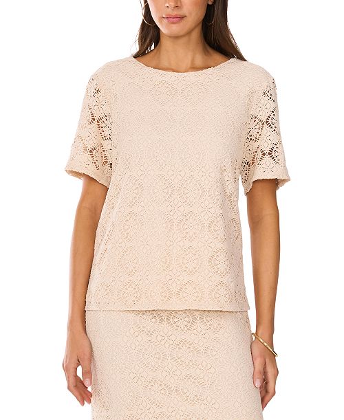 alfani Vince Camuto Women's Crochet Short-Sleeve Blouse Women's Fashion Shoes & Accessories