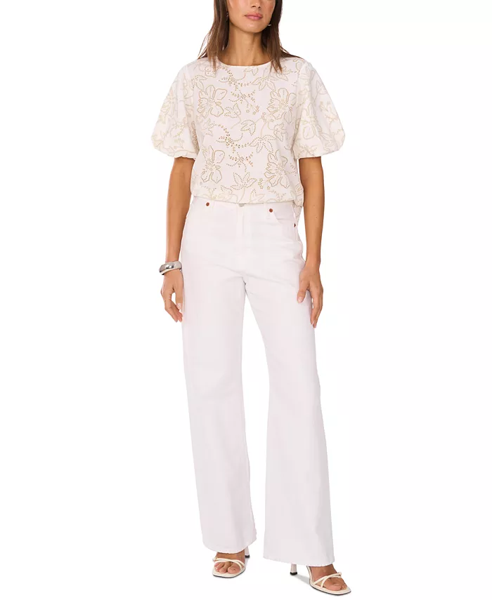 Alfani Vince Camuto Women's Embroidered Puff-Sleeve Top Women's Fashion Shoes & Accessories