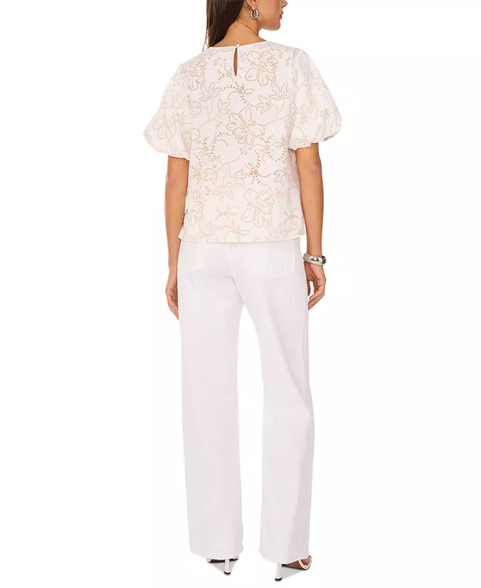 Alfani Vince Camuto Women's Embroidered Puff-Sleeve Top Women's Fashion Shoes & Accessories