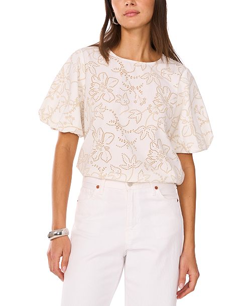 alfani Vince Camuto Women's Embroidered Puff-Sleeve Top Women's Fashion Shoes & Accessories
